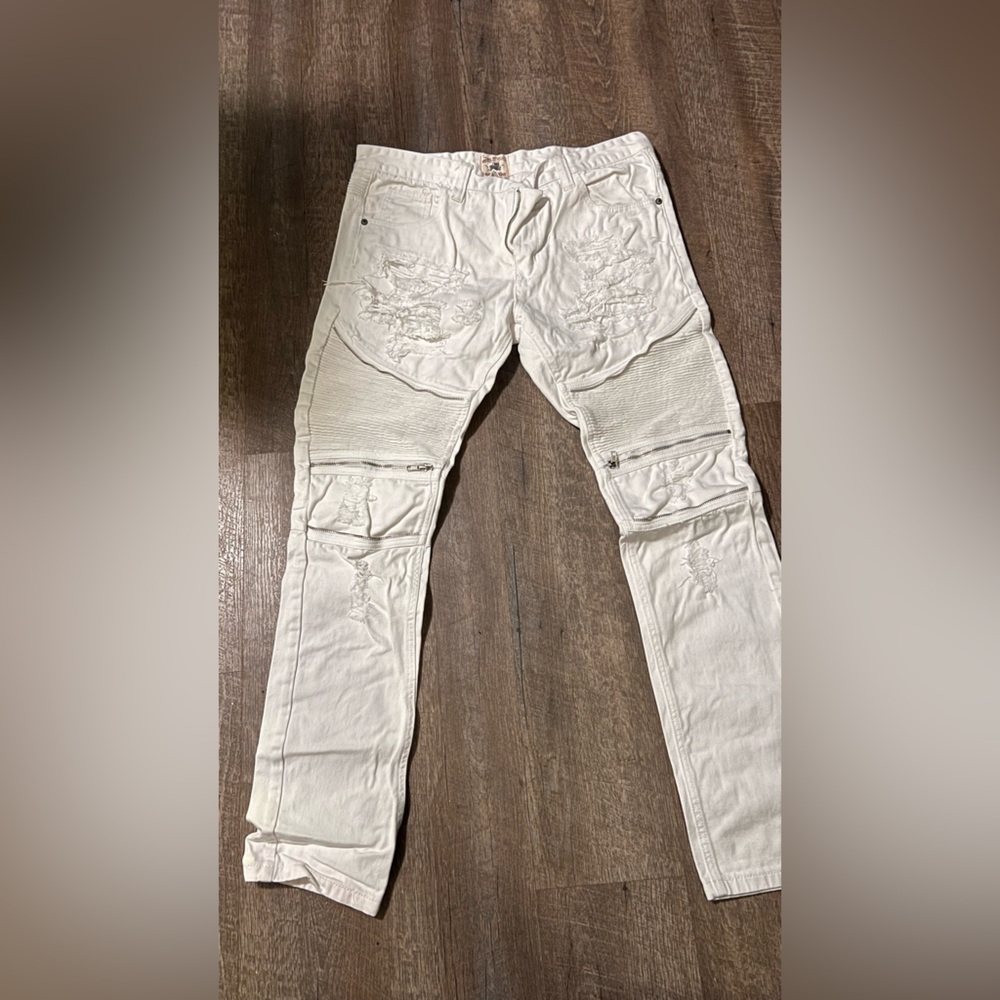 Smoke Rise Distressed Biker Jeans – Off‑White – 36x34